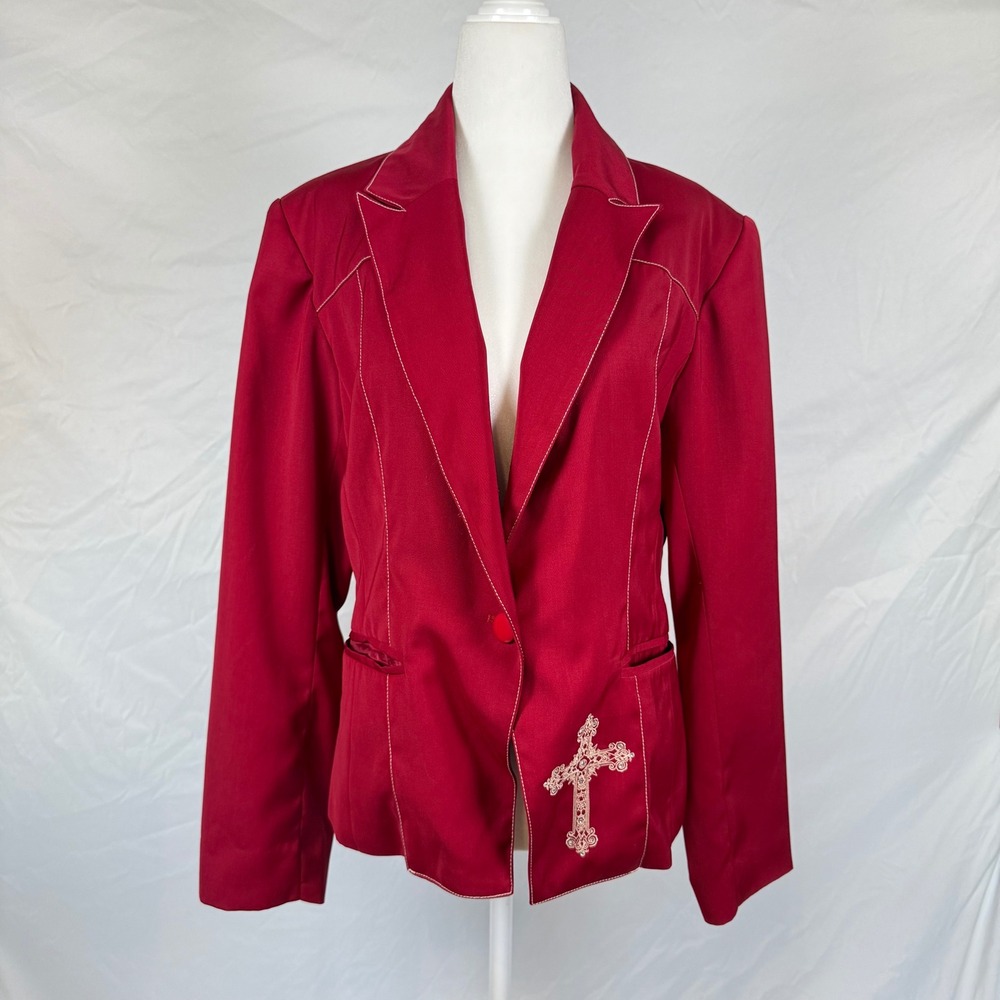 VTG Cowgirl Tuff Co Red Western Blazer Embroidered Rhinestone Cross Jacket M